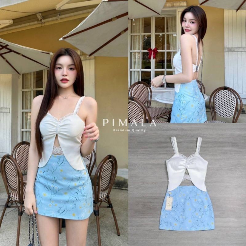 Pimala เซ็ทเสื้อดีเทลสุดน่ารักบอกเลยเสื้อเปิดหลังตะขอหัวใจมาคู่กับกระโปรงลายน่ารัก