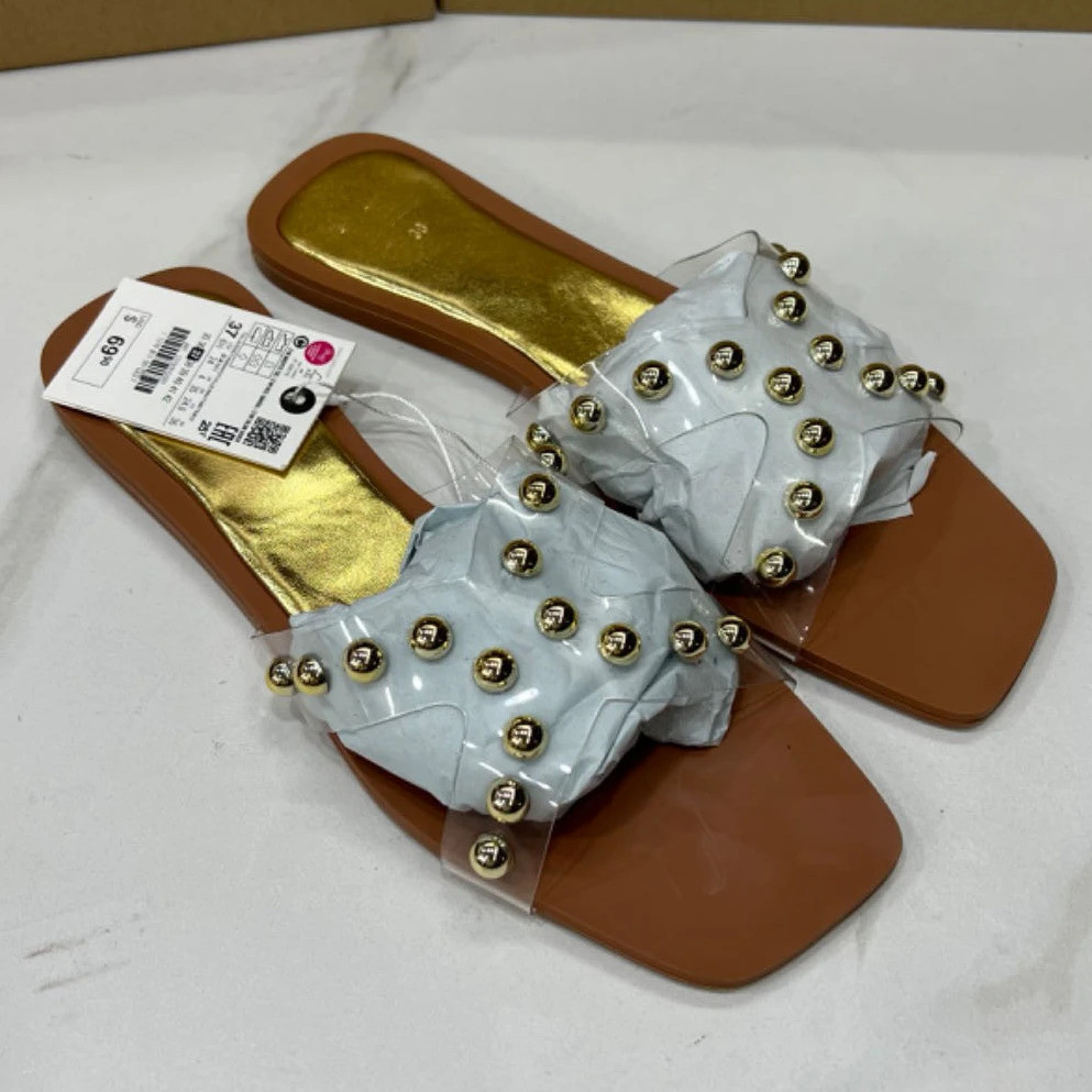 รองเท้าแตะใสรองเท้าแตะแบนสำหรับผู้หญิงแฟชั่นการออกแบบหมุดหญิงรองเท้า2024ฤดูร้อนระบายอากาศ Cro ETHC