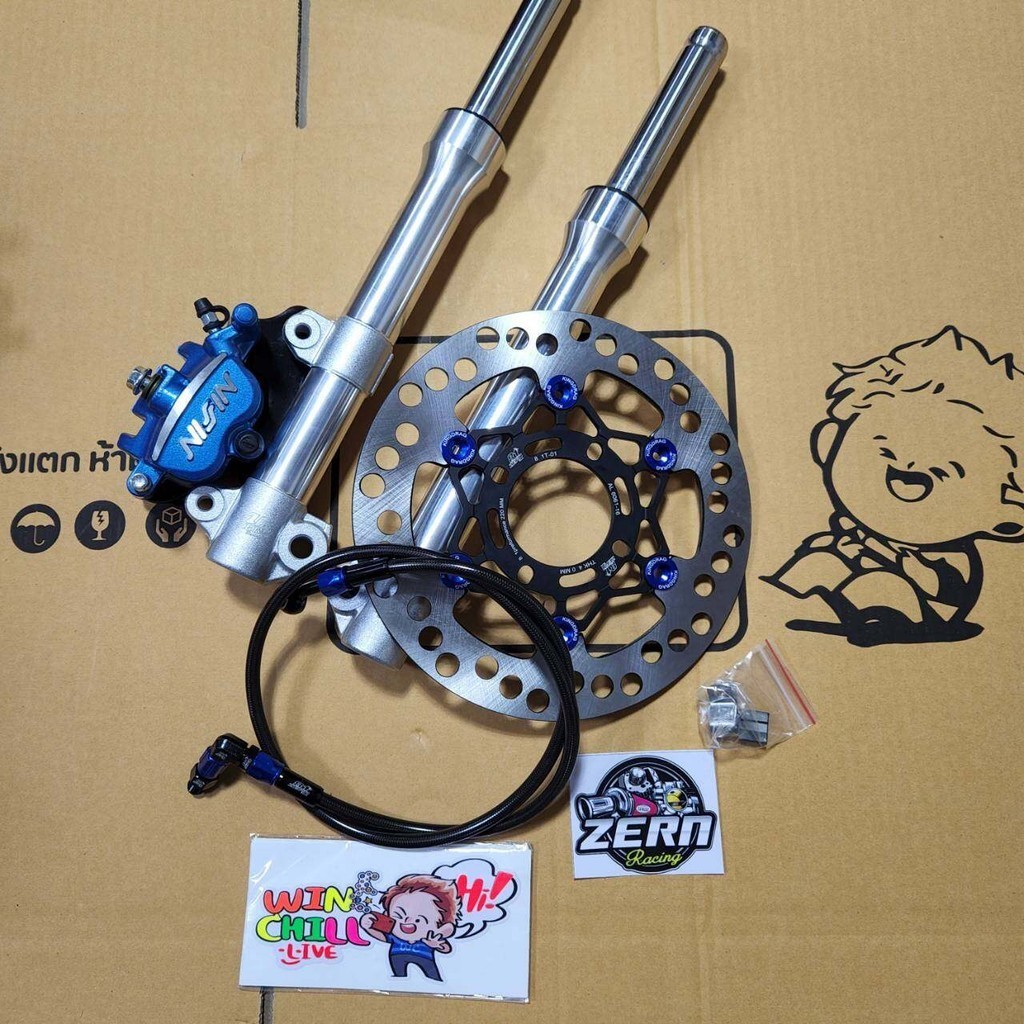 กระบอกโช้ค กลึงสีบรอนซ์ตัดแกน 2.5 + ปั๊มสีฟ้า โลโก้นิชชิน งานCNC ตัวใหม่ล่าสุด + จาน ZERN8.1 ดำหมุดน้ำเงิน + สายเบรค ZER