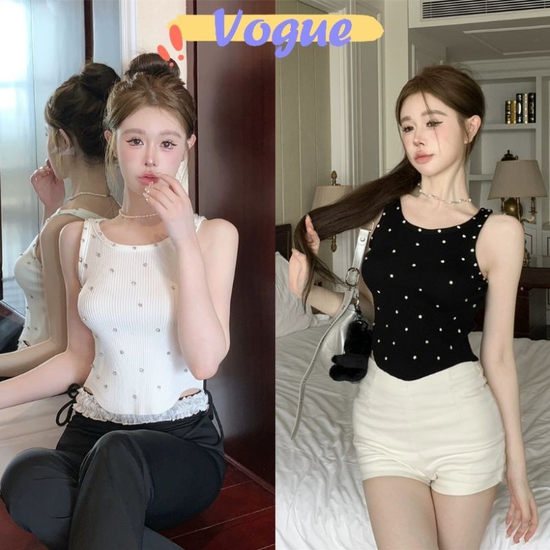Vogue พร้อมส่ง เสื้อกล้ามไหมพรม ดีเทลติกเพชร ผ้าร่องเกาหลีๆ (80061-11)