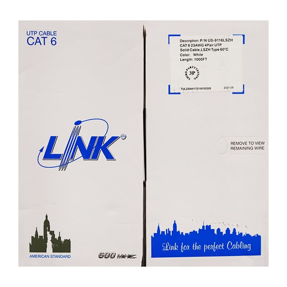 LAN CABLE (สายแลน) LINK (US-9116 /LSZH) CAT 6 UTP ULTRA 600MHz (305 M./BOX.)