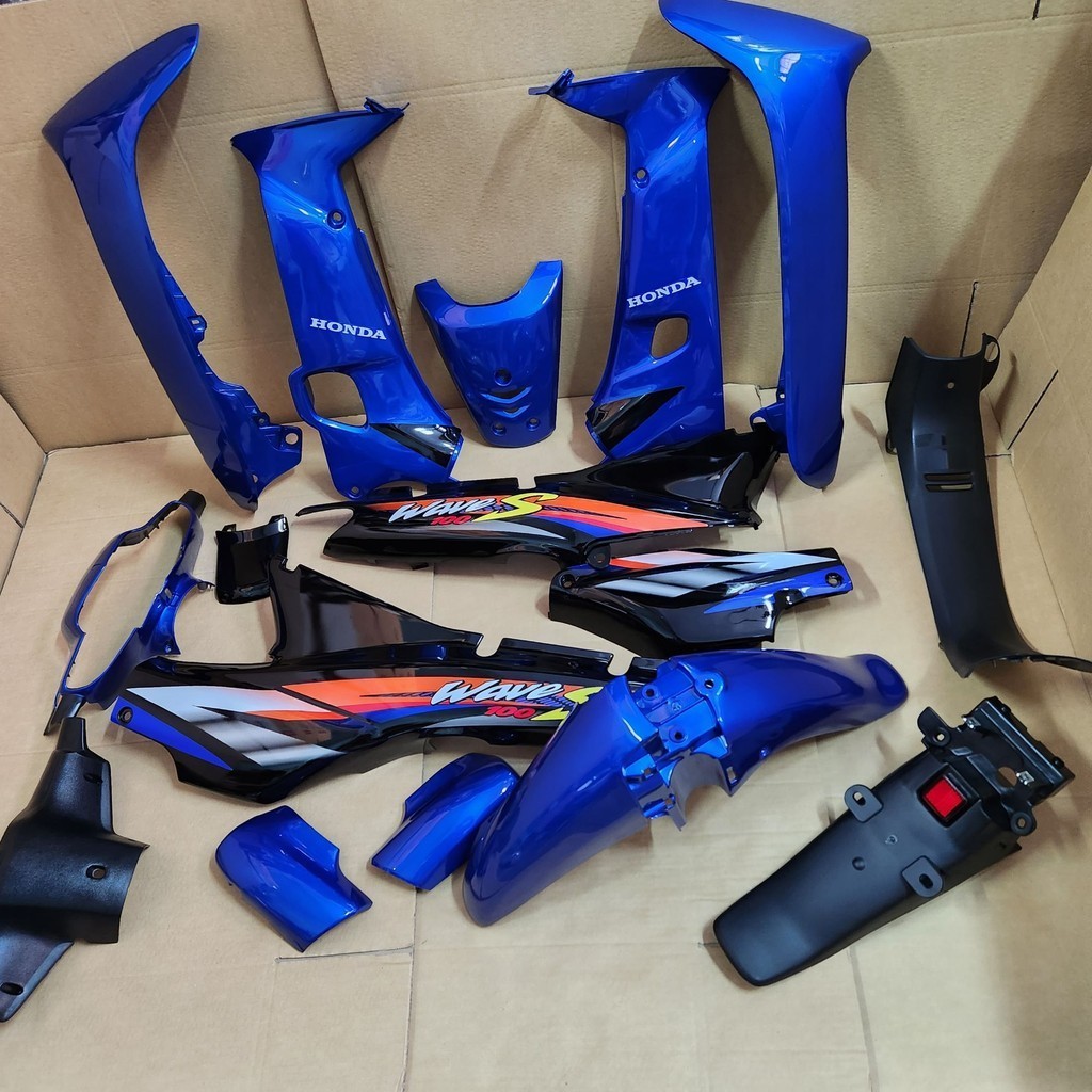 ชุดสี WAVE 110s/100s สีน้ำเงิน/ดำ พร้อมติดสติกเกอร์ ยกชุด 13 ชิ้น พร้อมชิ้นดำด้าน หน้ากากหลัง คอนโซลกลาง บังโคลนท้าย