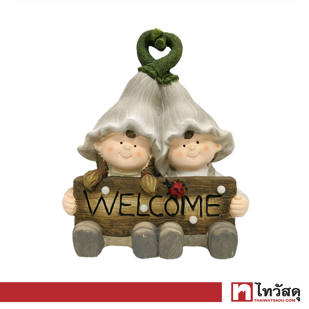 FONTE รูปปั้นแต่งสวนไฟโซลาร์เซลล์ เด็กชายหญิงนั่งคู่ถือป้าย WELCOME รุ่น GB32-232075