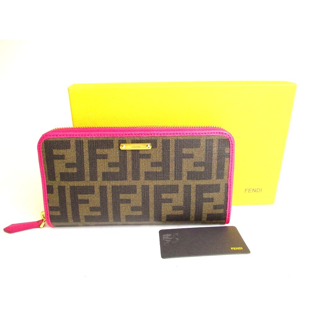 Authentic FENDI Zucca Khaki Canvas Shocking Pink Leather Round Zip Long Wallet #a221  Pre-owned