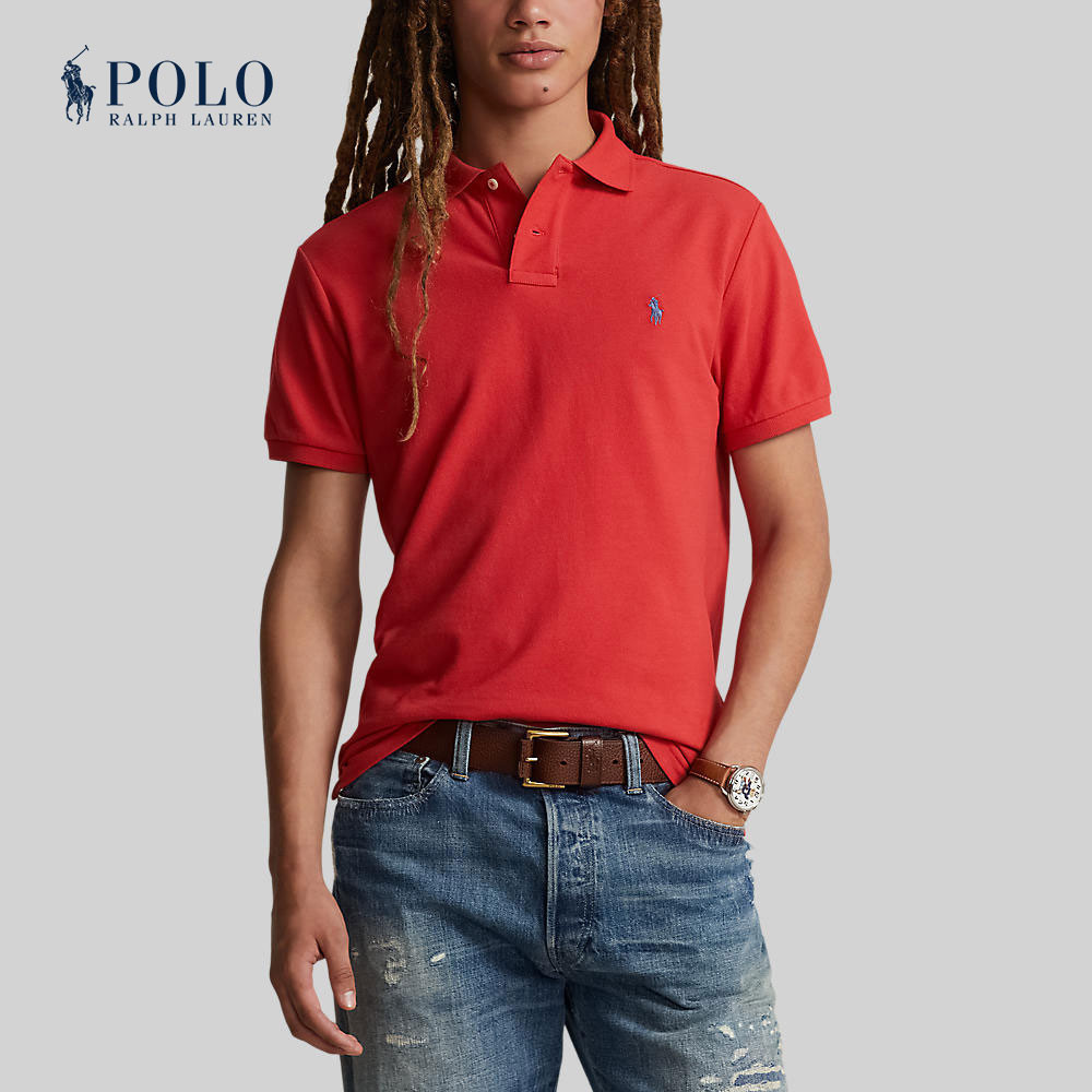 Polo Ralph Lauren เสื้อโปโลผู้ชาย Custom Slim Fit Mesh Polo Shirt รุ่น MNPOKNI1N822638 สีแดง