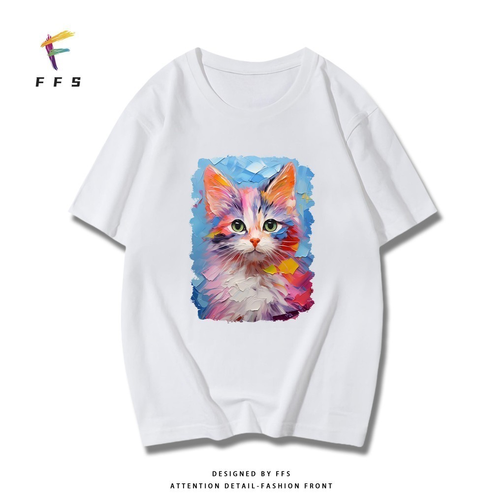 เสื้อยืดแฟชั่น ลายแมว ลายภาพวาดสีน้ํามัน คอกลม แขนสั้น เนื้อผ้านุ่มใส่สบาย ส่งเร็ว ราคาส่ง