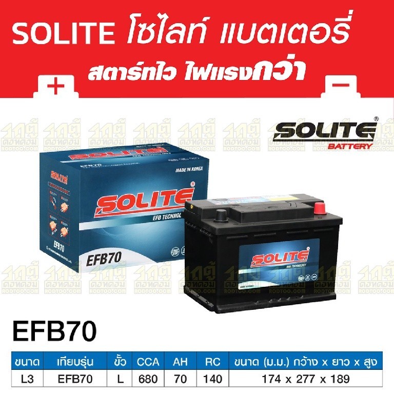 SOLITE แบตเตอรี่แห้ง EFB70 | 70แอมป์ 680 CCA / ไซส์ LN3 (CR-V, DMAX ปี20)