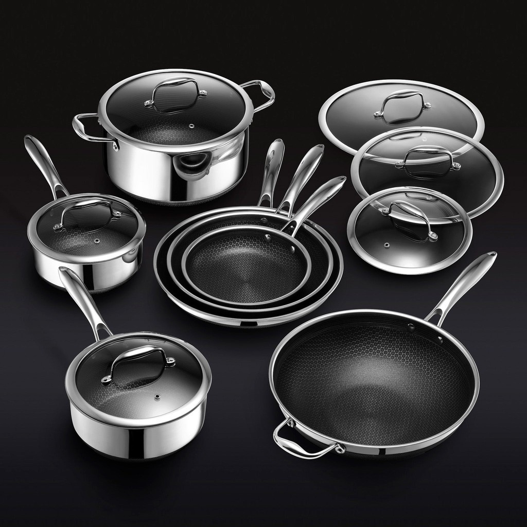 13 pc HexClad Hybrid Cookware Set w/ Lids Stainless Steel Wok Kitchenware 3-ply Stainless Steel Honeycomb Non Stick Wok