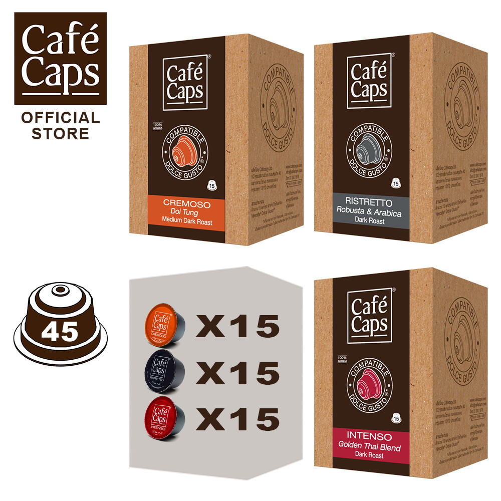 Dolce Gusto Compatible Coffee Capsule Cremoso, Intenso & Ristretto - Cafecaps (3 boxes X 15 Caps) | กาแฟแคปซูล รวมรส