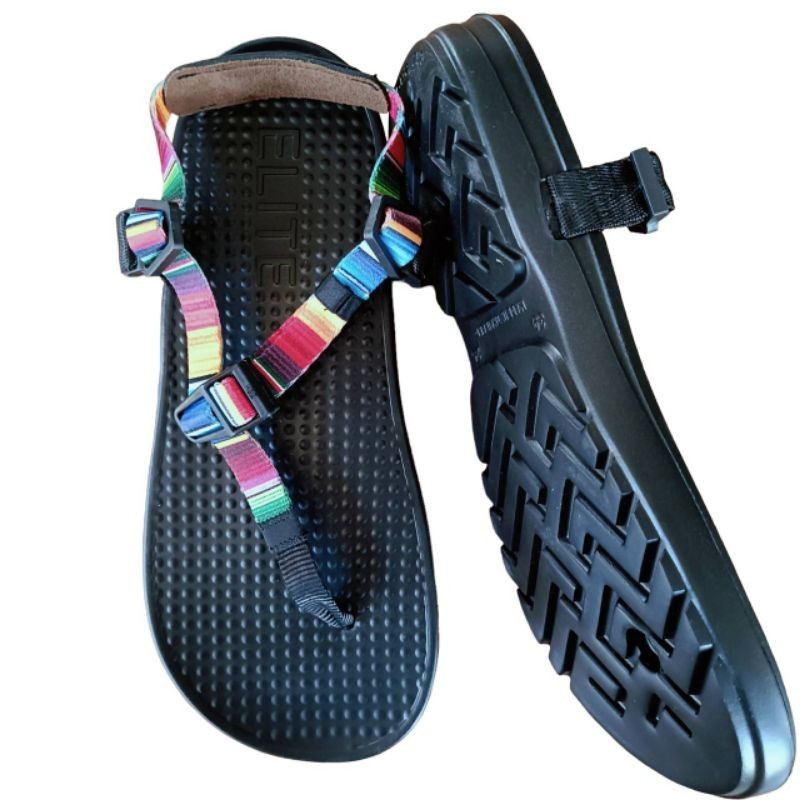 รองเท้าแตะวิ่ง รุ่น challenge แบรนด์ แตะอีลิท Elite Sandals [ สีดำ สายหลากสี ] นุ่มแน่นและsupport ดี มีสารกันลื่น