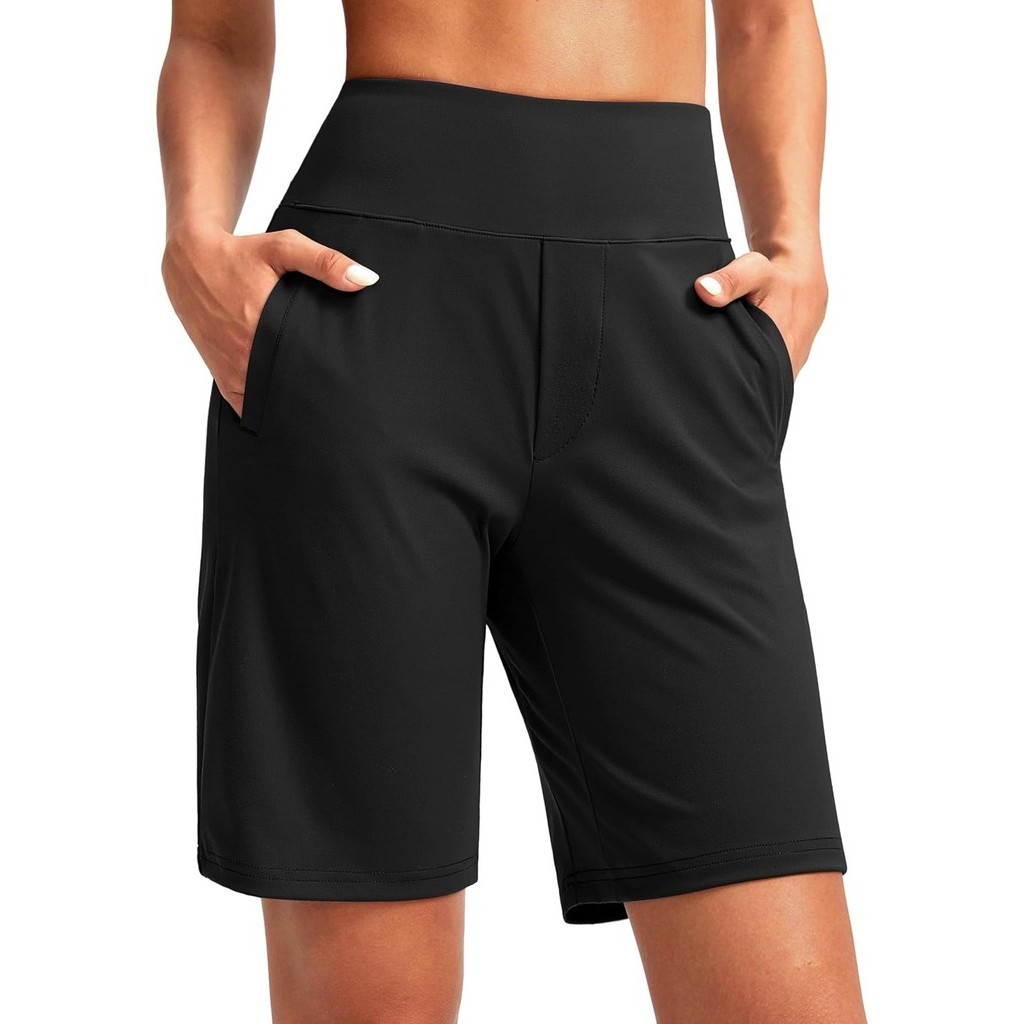 FashionSANTINY Women's 9" High Waisted Bermuda Shorts with 4 Pockets Knee Length Long Shorts for Wom