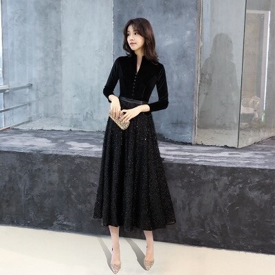 Black evening gown V-neck Botton solid patchwork sequined robe de soiree three quarter sleeve evenin