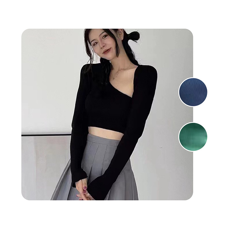 เสื้อครอปท็อปแขนยาว ชุด2ชิ้น ทรงสลิมฟิต สีพื้น มีสไตล์