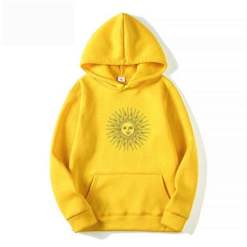 【High quality】Fashion Sunshine Print Yellow Hoodies Autumn Long Sleeve Pullover Tops Casual Pocket H