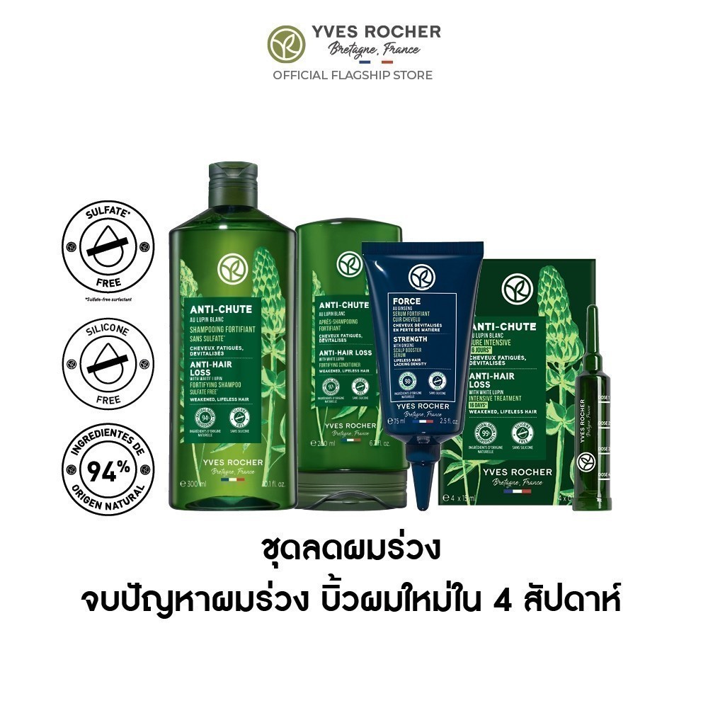 [เซต4ชิ้น] อีฟ โรเช Yves Rocher Anti-Hair Loss Set - แชมพู 300 มล.ครีมนวดผม 200 มล. ทรีตเมนต์ 1 เดือน และ เซรั่ม 75 มล.