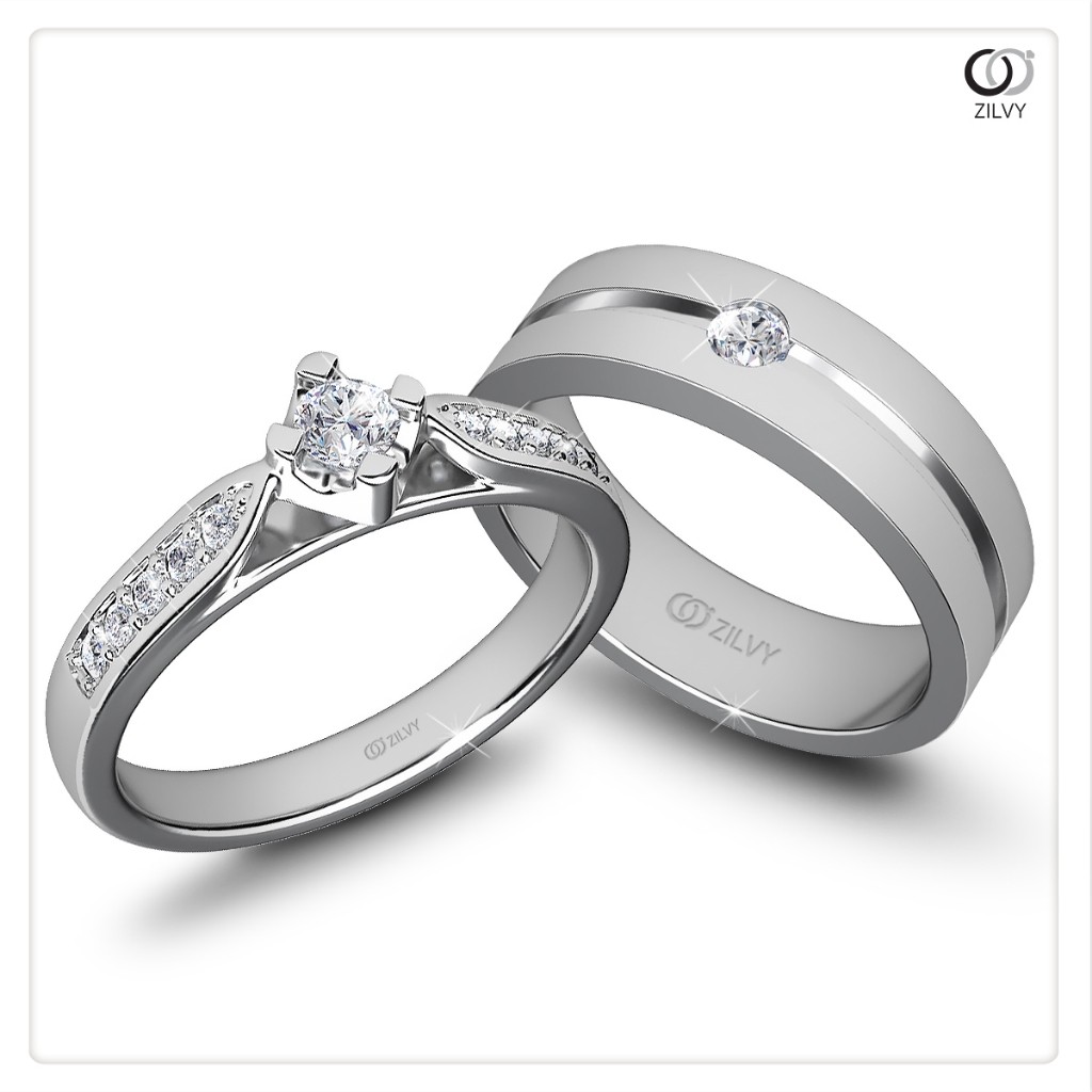 Zilvy - แหวนคู่เพชรน้ำร้อย (GR1074/BR061) ตัวเรือนเงินแท้ชุบทองคำขาว