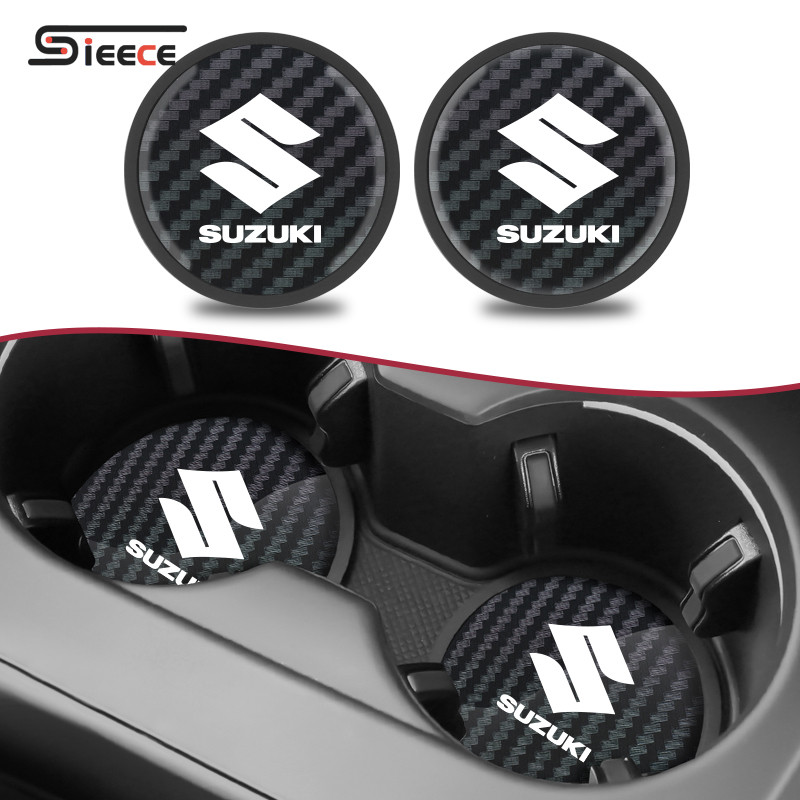 Sieece คาร์บอนไฟเบอร์ ที่รองแก้วในรถยนต์ ซิลิโคน เสื่อกันลื่น สำหรับ Suzuki Swift Ciaz Celerio XL7 Vitara