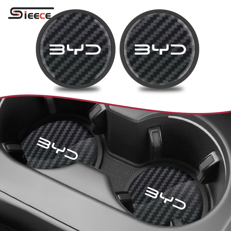 Sieece คาร์บอนไฟเบอร์ แผ่นรองแก้วน้ําในรถยนต์ ซิลิโคน แผ่นรองกันลื่น สำหรับ BYD Atto 3 Dolphin Yuan PLUS