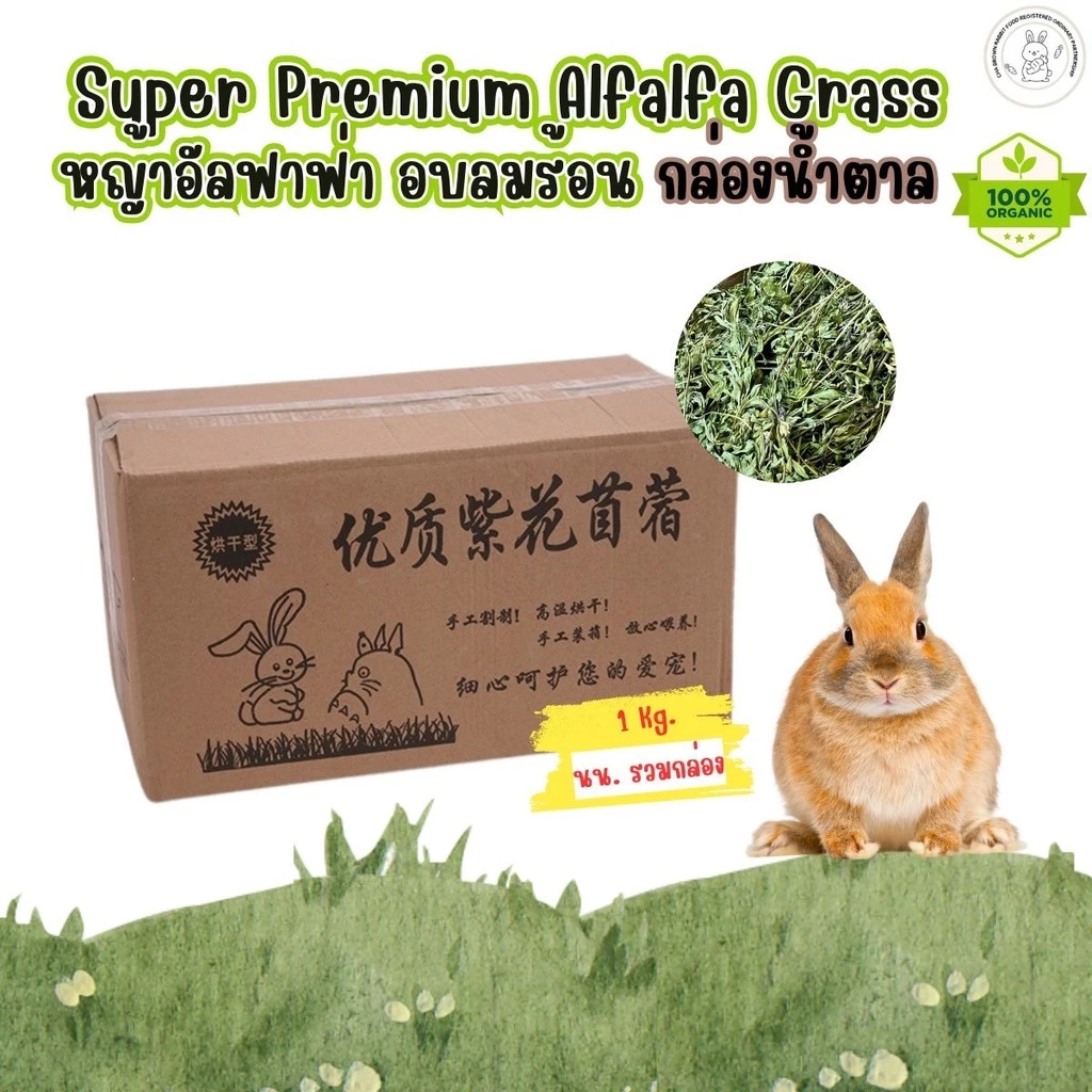 CBRF หญ้ากระต่าย หญ้าอัลฟาฟ่าอบลมร้อน Super Premium Alfalfa Grass 1Kg. (กล่องน้ำตาล)