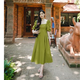 MyWay Brand :Dress ชุดเดรส - Green Pickle Puffy Sleeve  👋เลื่อนดูขนาดที่รูปสุดท้ายน้า