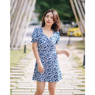 MyWay Brand :Dress ชุดเดรส -แบบสั้น Square Blue Flower  👋เลื่อนดูขนาดที่รูปสุดท้ายน้า