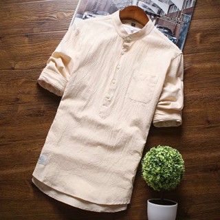 เสื้อคอจีน เสื้อคอจีนผู้ชาย เสื้อเชิ้ตผ้าลินินสำหรับผู้ชาย7ส่วนแขน7ส่วนเสื้อเชิ้ตผ้าฝ้ายและผ้าลินินทรงหลวมแฟชั่นสไตล์เกาหลีเสื้อเชิ้ตแขนยาวปานกลางแบบลำลองสไตล์จีน