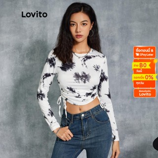 Lovito เสื้อยืดมัดย้อม แบบผูกเชือก สไตล์ลำลอง L20D1140 (สีดำ/สีขาว)