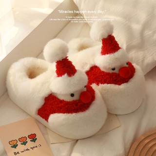 ✷☎Snowman รองเท้าแตะผ้าฝ้ายสำหรับผู้หญิงในฤดูหนาวอินเทอร์เน็ตคนดังพื้นหนาใช้ในบ้านในร่มกันลื่นตุ๊กตาอบอุ่นสวมใส่ด้านนอกค