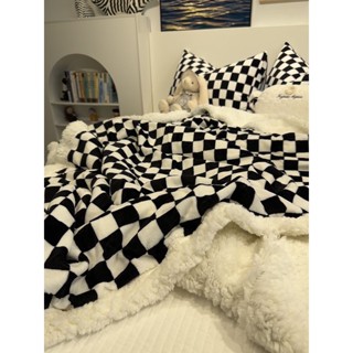 ✽☊™Nordic Simple Checkerboardรูปแบบหนาแกะกำมะหยี่นมกำมะหยี่ผ้าห่มโซฟาผ้าห่มอุ่นสองด้านปะการังกำมะหยี่โยนผ้าห่ม