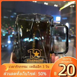 ✴Starbucks Cup 10th Anniversary Series Sparkling Black Plaid สามมิติ Sectioned Glass Straw Mark Thermos Cup