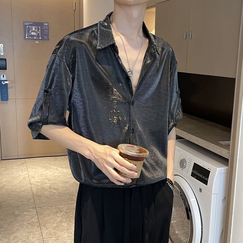 เสื้อเชิ้ตชายแขนห้าส่วนสไตล์หนุ่มหล่อเสื้อเชิ้ตแบบบางลำลองทรงหลวมอินเทรนด์แบรนด์หรูแบบใหม่ฤดูร้อน