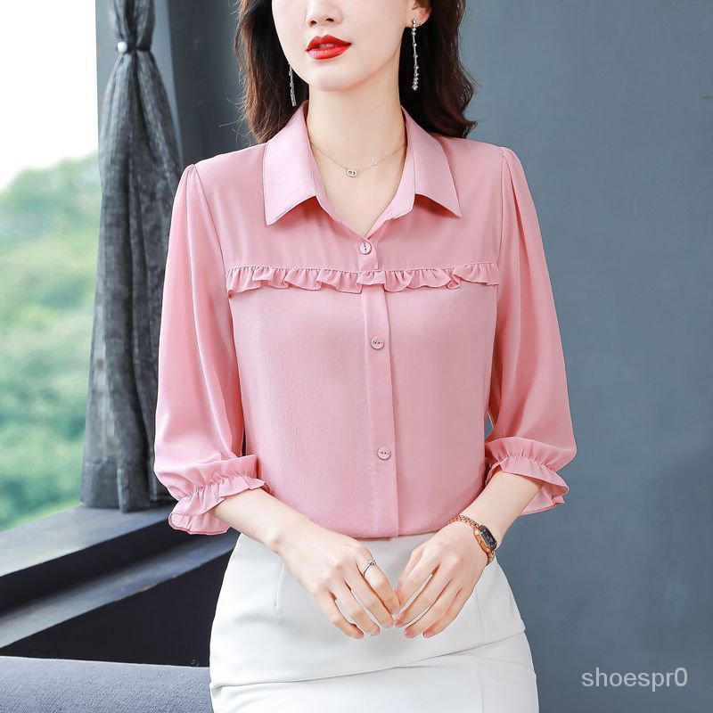เสื้อชีฟองแขนสั้นผู้หญิงลำลอง ระดับ high-end แขน แฟชั่นสวย แม่ หลวม
