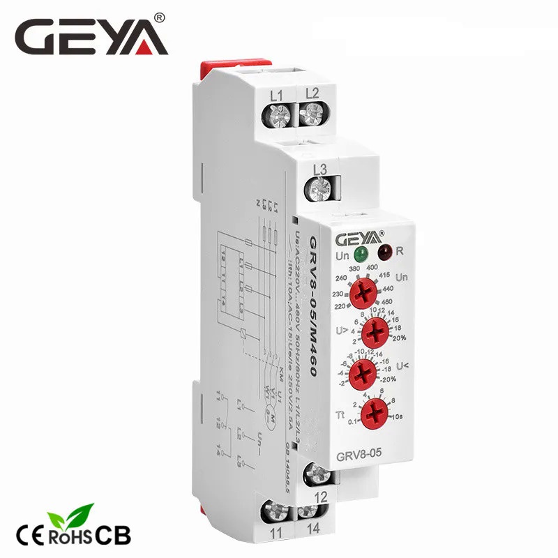 จัดส่งฟรี GEYA GRV8-05รีเลย์ป้องกันแรงดันไฟฟ้าที่มีเฟสลำดับเฟสความล้มเหลวไม่สมมาตรล่าช้าเวลา FunctionAC220V-460V