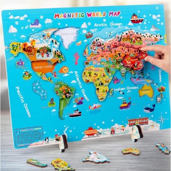 Magnetic World Map ของเล่นไม้เพื่อสอนการจำแผนที่โลก เรียนรู้ประเทศต่างๆในโลก งานดี ไม้อย่างดี สีสวยสดใส ไม่มีเสี้ยน