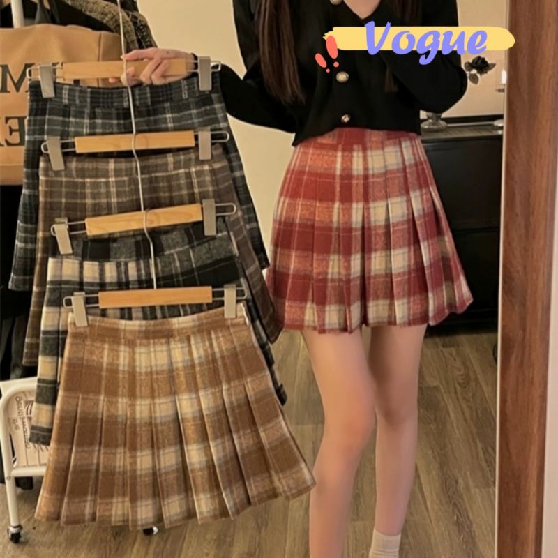 Vogue พร้อมส่ง กระโปรงไหมพรม ทรงพลัส ลายสก๊อต (27038-5)