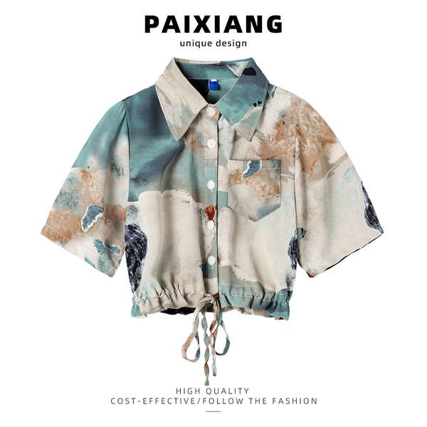 เสื้อครอป แขนยาว เสื้อครอป zara PAIXIANG เสื้อเชิ้ตผู้หญิงแขนสั้นสไตล์ฮ่องกงแบบใหม่ปี2024 ins เสื้อเ