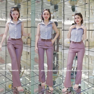 🍒ขาม้าลายริ้ว🍒กางเกงผ้าไมโครริ้วเอวสูงซิปหน้าไซส์S25-34🏷️งานป้ายFAMOUSทุกตัว💫