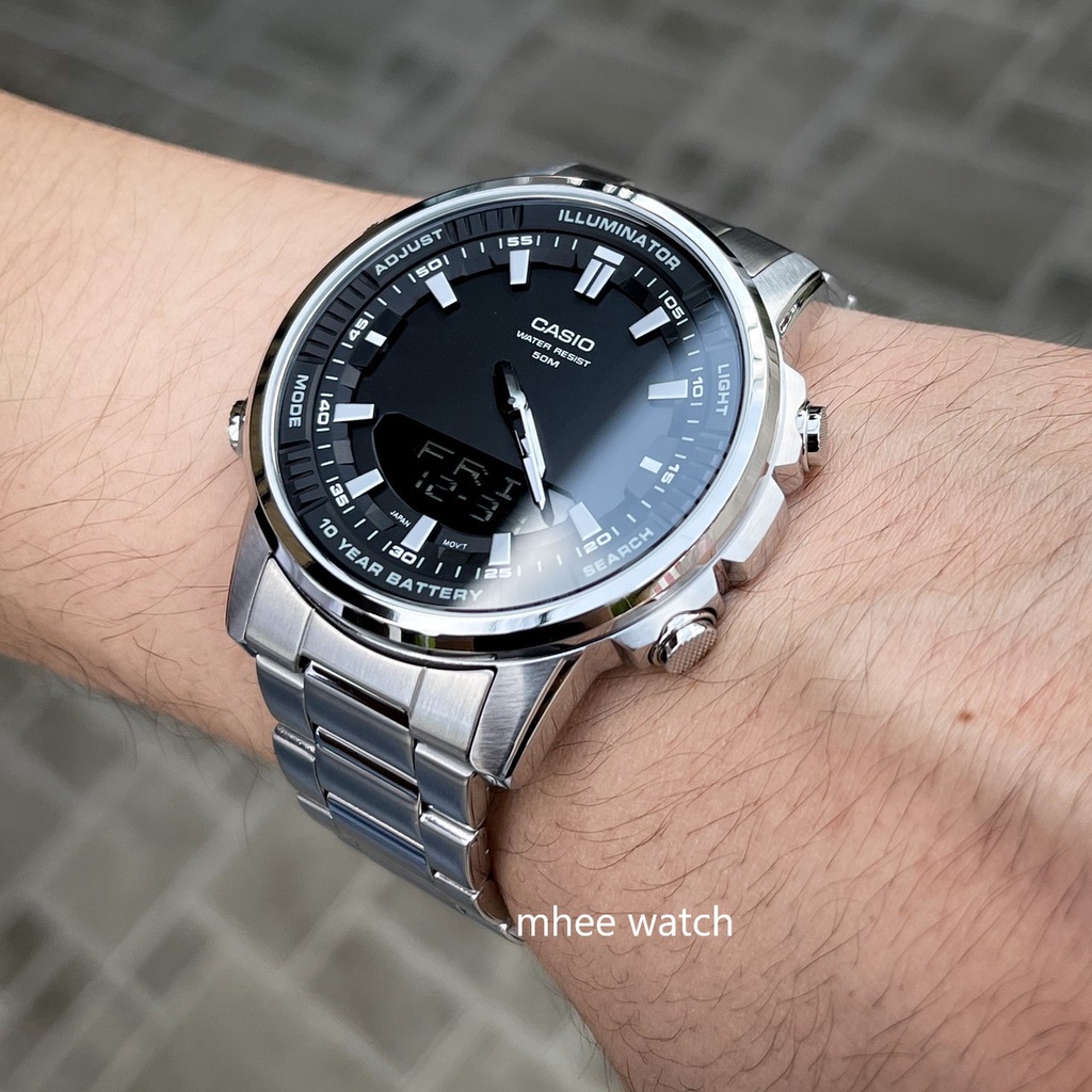 Casio Stainlessทรง G-Steel รุ่นใหม่ล่าสุด หน้าปัดบางกว่าเดิม 2ระบบ แบตเตอรี่10ปี AMW-880D-1AV
