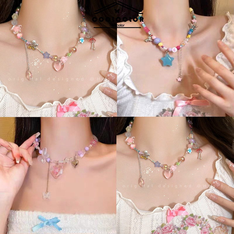 ในไทย💖สร้อยคอลูกปัดที่มีสีสันจี้หัวใจน่ารักY2Kแฟชั่นสไตล์เกาหลีปรับขนาดโซ่ความประณีตผู้หญิงไหปลาร้า.COD