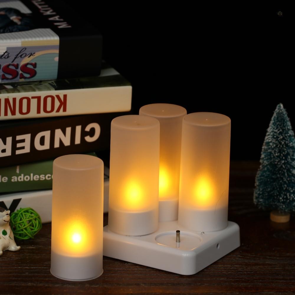 4pcs/set Rechargeable LED Flickering Flameless Candles Tealight Candles Lights with Frosted Cups Charging Base Yellow Li