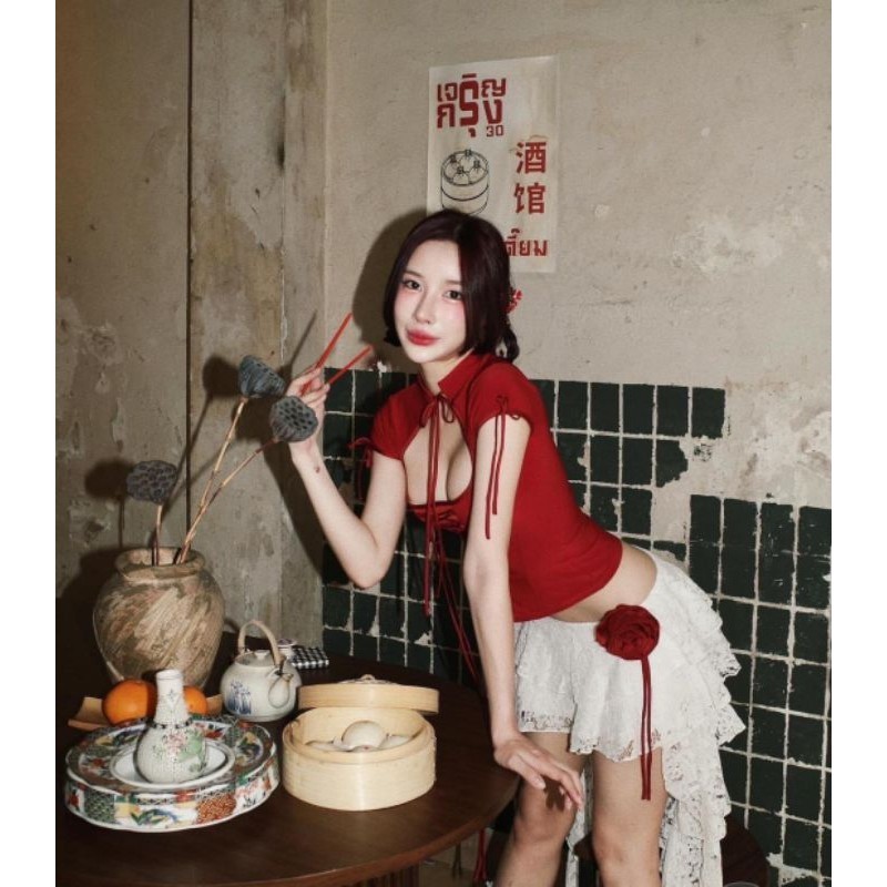 {พร้อมส่ง|ถูกที่สุด}​ L'seoul​ เซ็ทสีแดง ชุดเวียดนาม เสื้อผ้าเวียดนาม​ ชุดเวียดนามสาวอวบ แฟชั่นเวียด
