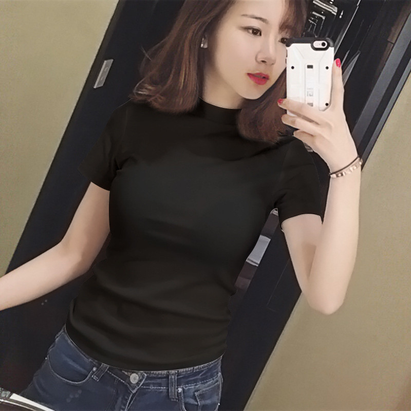 Short SleeveTT-shirt Women's Avocado Green Cotton Slim Fit Half Turtleneck Bottoming Shirt Half Slee
