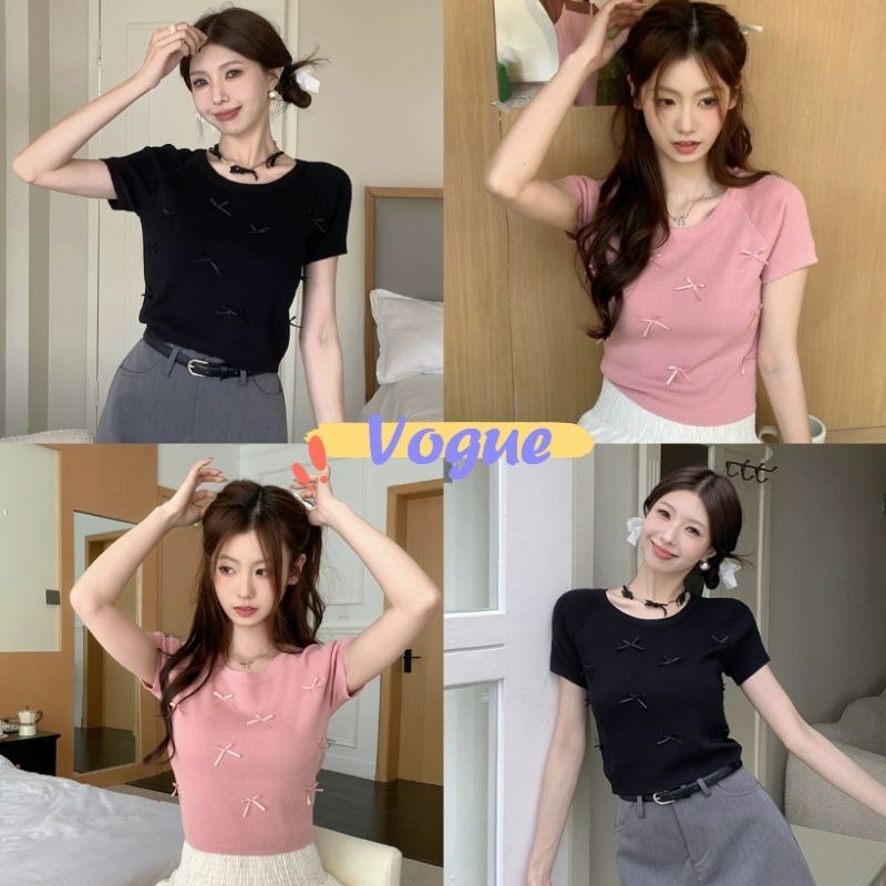 Vogue พร้อมส่ง ด้วยธนู คอกลมแขนสั้นรัดรูป (N08)