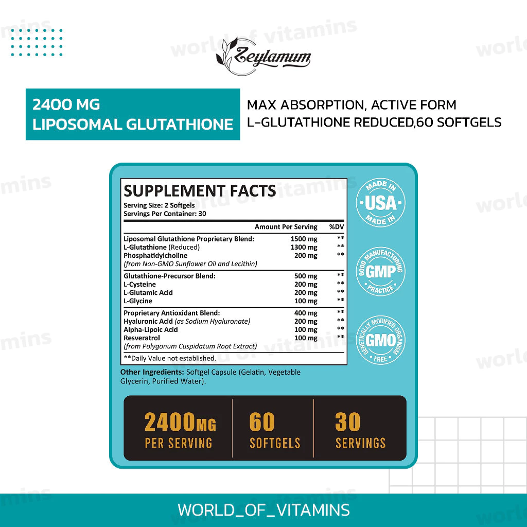 Zeylamum Liposomal Glutathione 2400mg 60 Softgels thumbnail 5