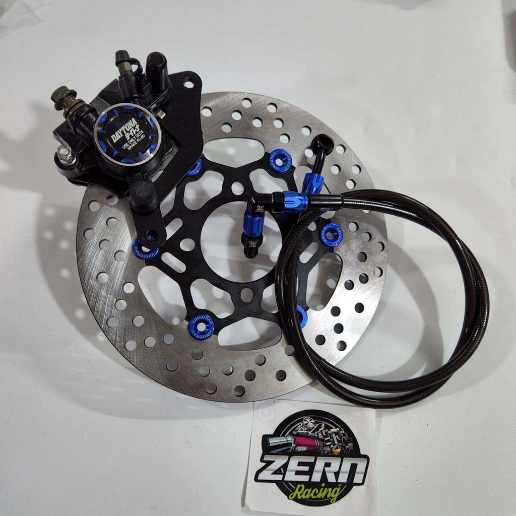 ปั๊มโลโก้ DAYTONA สีน้ำเงิน + สายเบรค ZERN หัวฟันเฟือง น้ำเงินตัดดำ + จานจู ดำหมุดน้ำเงิน เวฟ110i 2209-2013 , เวฟ125ปลาว