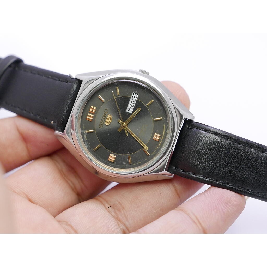 นาฬิกา Vintage มือสองญี่ปุ่น Seiko5 ระบบ Automatic 6309 5450 ผู้ชาย หน้าดำ 36มม เสียต้องล้างเครื่อง ขายตามสภาพ