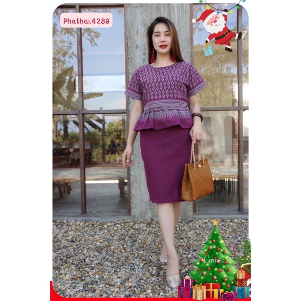 เดรส อก40"-52" ชุดเดรสผ้าไทย ชุดผ้าไทยลายขอ ชุดใส่ทำงาน ชุดใส่ออกงาน งานบวช งานแต่ง งานรับปริญญา เดรสบิ๊กไซส์