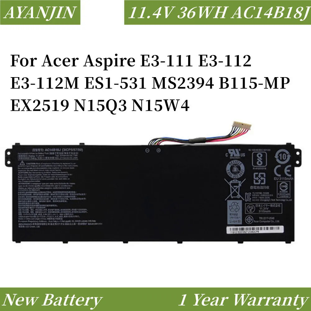 11.4V AC14B18J MS2394 AC14B13J แบตเตอรี่แล็ปท็อปสำหรับ Acer Aspire E3-111 E3-112 N15Q3 B115-MP EX251