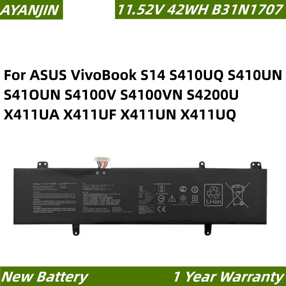 B31N1707 11.52V 42WH แบตเตอรี่แล็ปท็อปสำหรับ ASUS VivoBook S14 S410UQ S410UN X411UF S4100VN S4200U X411UA S4100V
