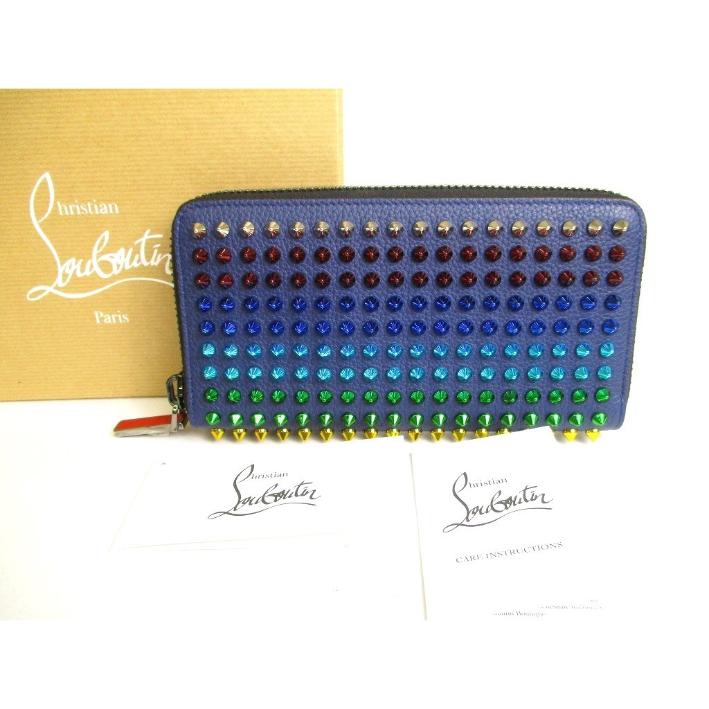 Authentic Christian Louboutin Panettone Navy Blue Leather Mix Spikes Round Zip Wallet #9732  Pre-own